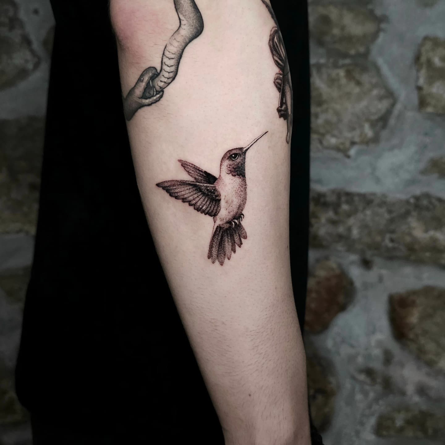Hummingbird fine line blackwork tattoo by Lex Almeida, Porto