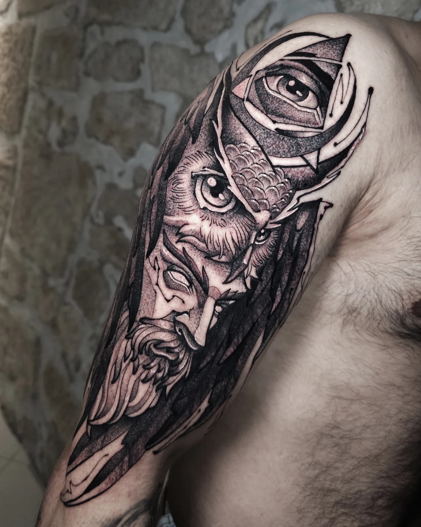 Owl and face blackwork half sleeve tattoo by Lex Almeida, Porto